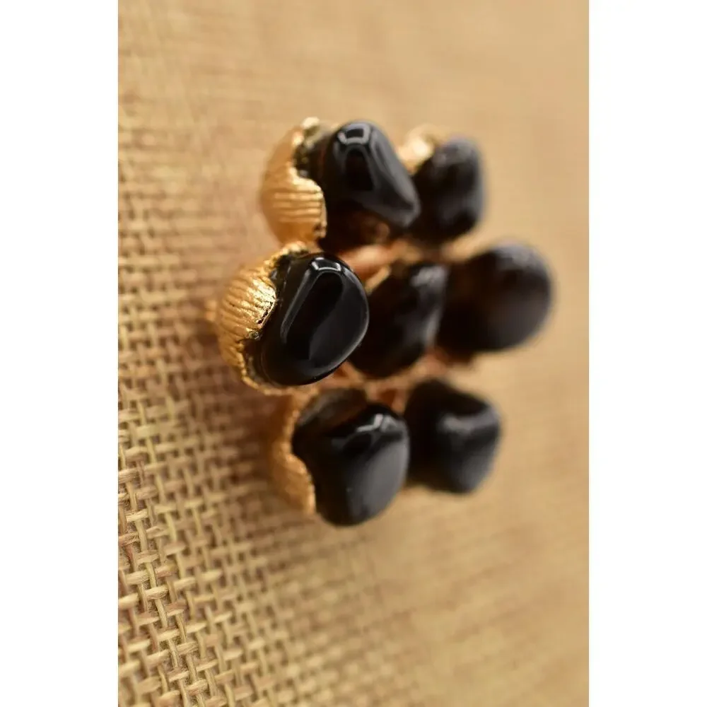 Vintage Cabochon Pin Brooch Black Black Gold Tone Chunky Floral 1990s BinB